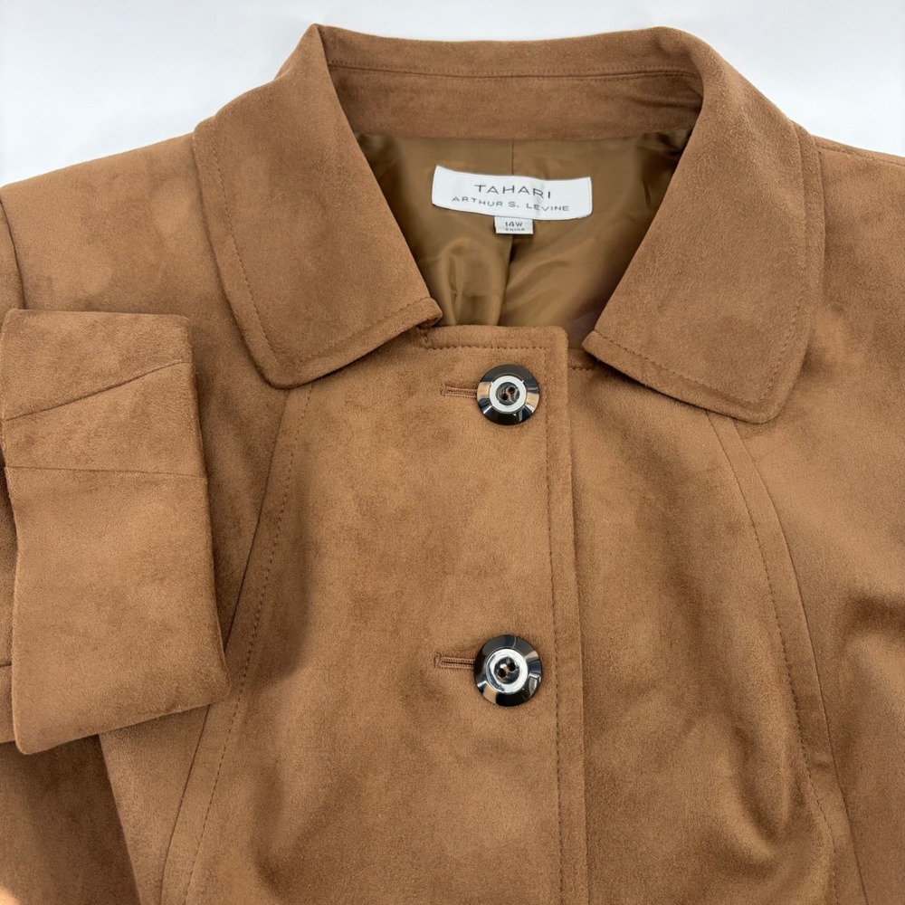 Tahari Arthur S Levine Faux Suede Jacket Camel Brown 14W Button Front 3/4 Sleeve